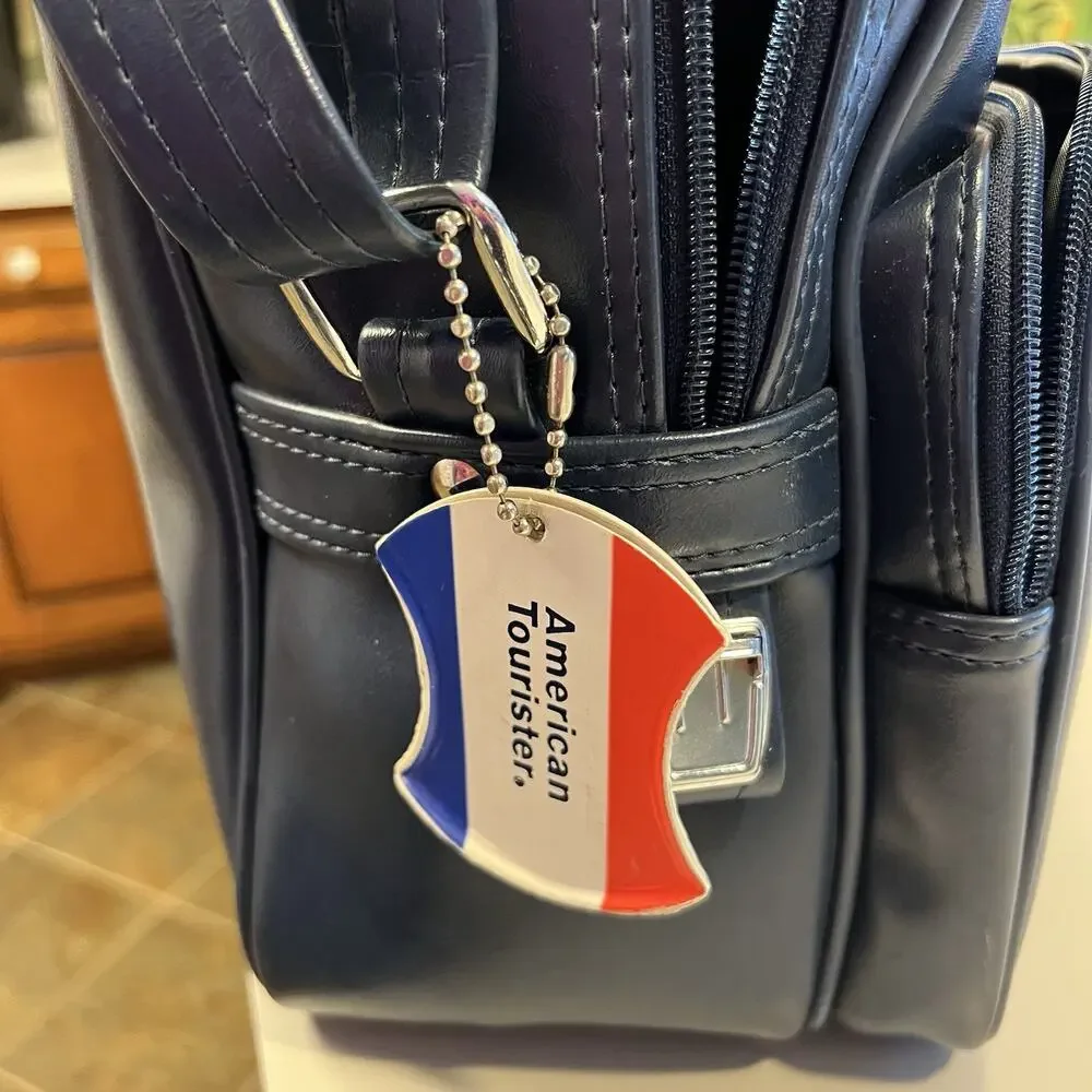American Tourister Navy Blue Carry On Overnight Bag Luggage Vintage Retro MCM